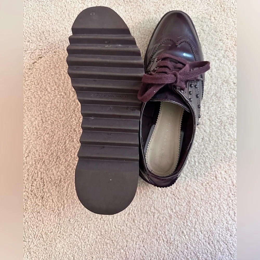 Zara Burgundy Patent Leather Platform Brogues - Size 7.5